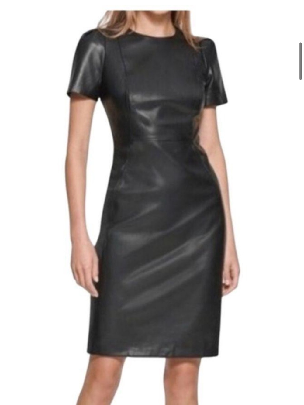 Calvin Klein Black Faux Leather Short Sleeve Sheath Dress